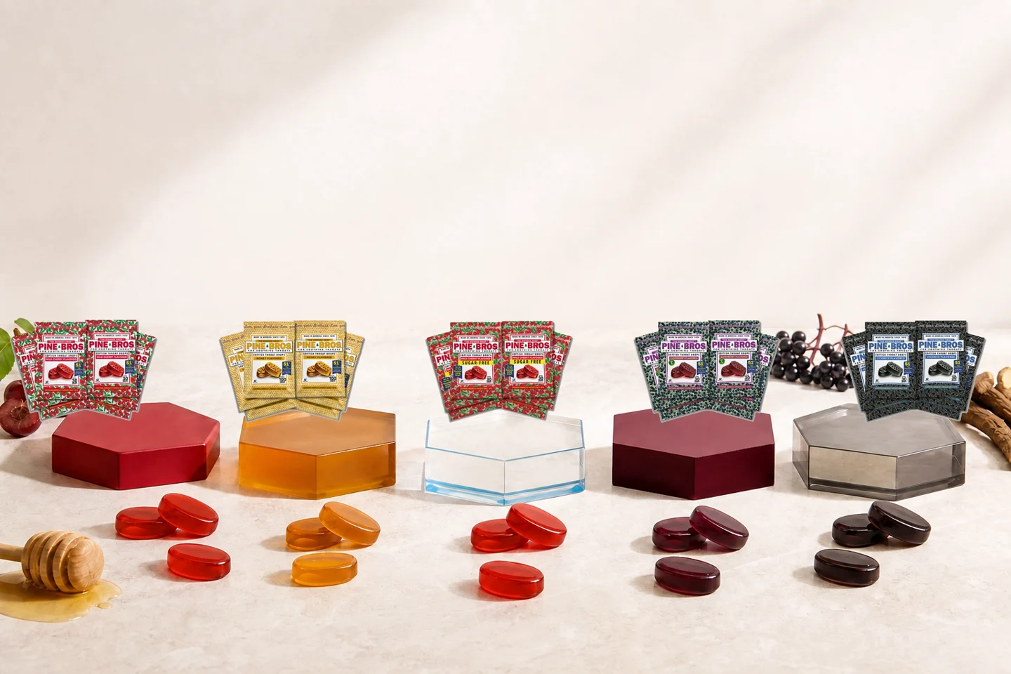 A replenishment-ready assortment of all five Pine Bros flavors